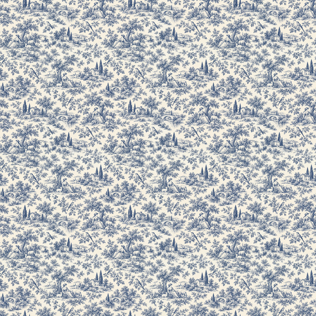 Toile de Jouy champêtre bleue, papier peint à plat