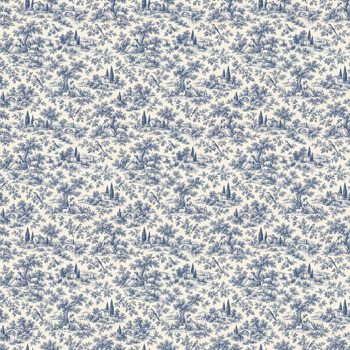Toile de Jouy champêtre bleue, papier peint à plat