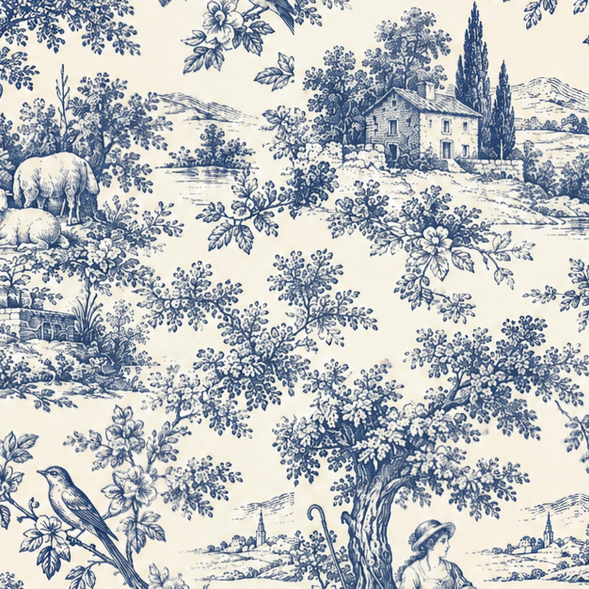 Toile de Jouy champêtre bleue, papier peint en gros plan