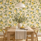 Mur de coin repas orné d'un motif de citrons jaunes et feuillage vert