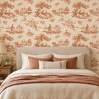 Papier peint toile de Jouy terracotta avec bergers et oiseaux dans une chambre