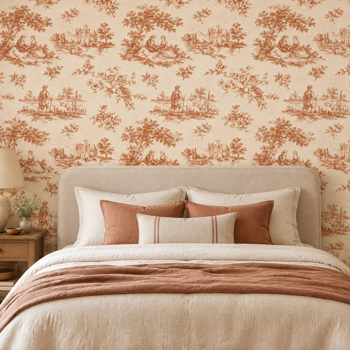 Papier peint toile de Jouy terracotta avec bergers et oiseaux dans une chambre