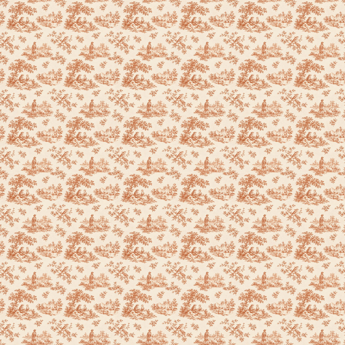 Toile de Jouy terracotta champêtre, papier peint à plat