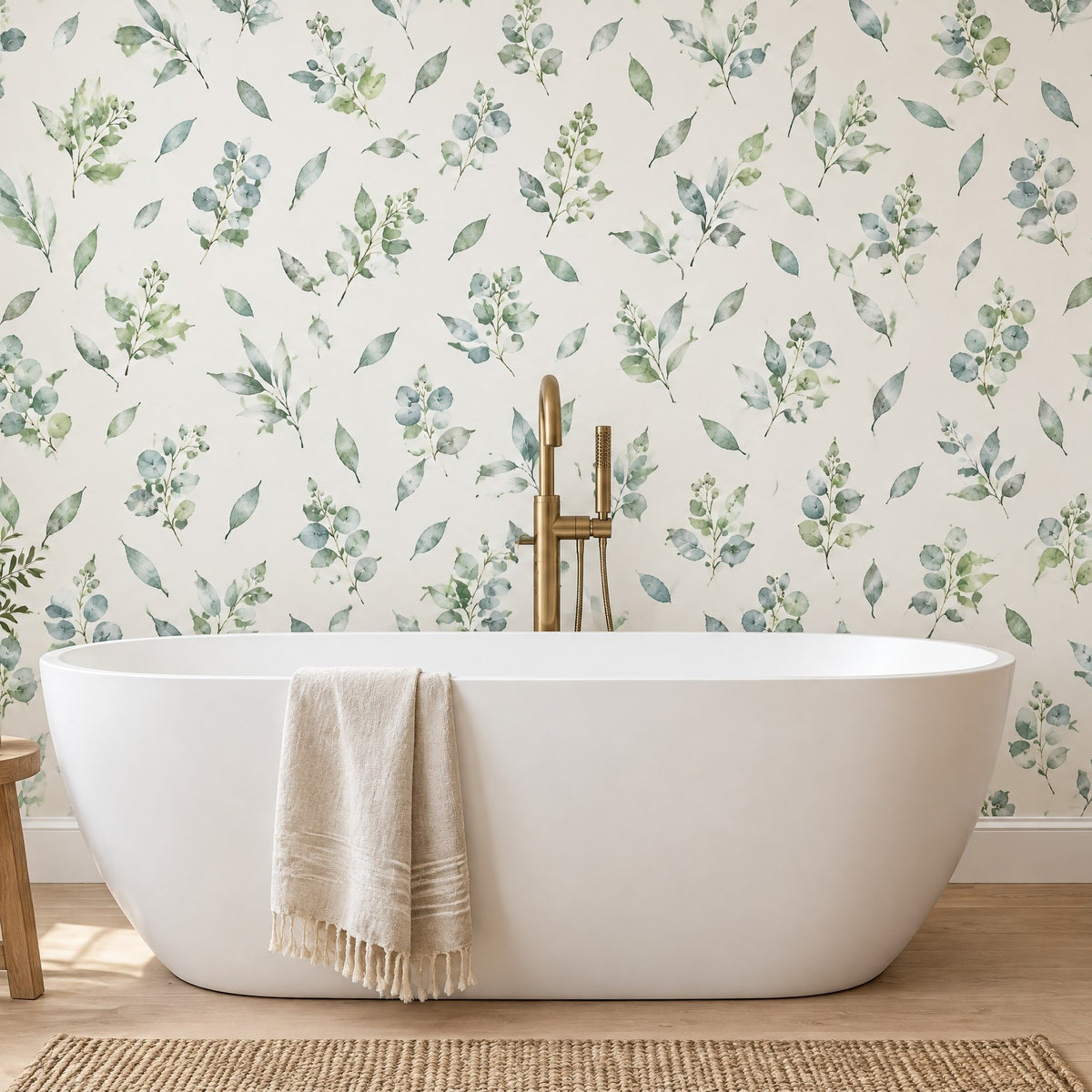 Papier peint à motif de branches d'eucalyptus aquarelle vertes dans une salle de bain claire