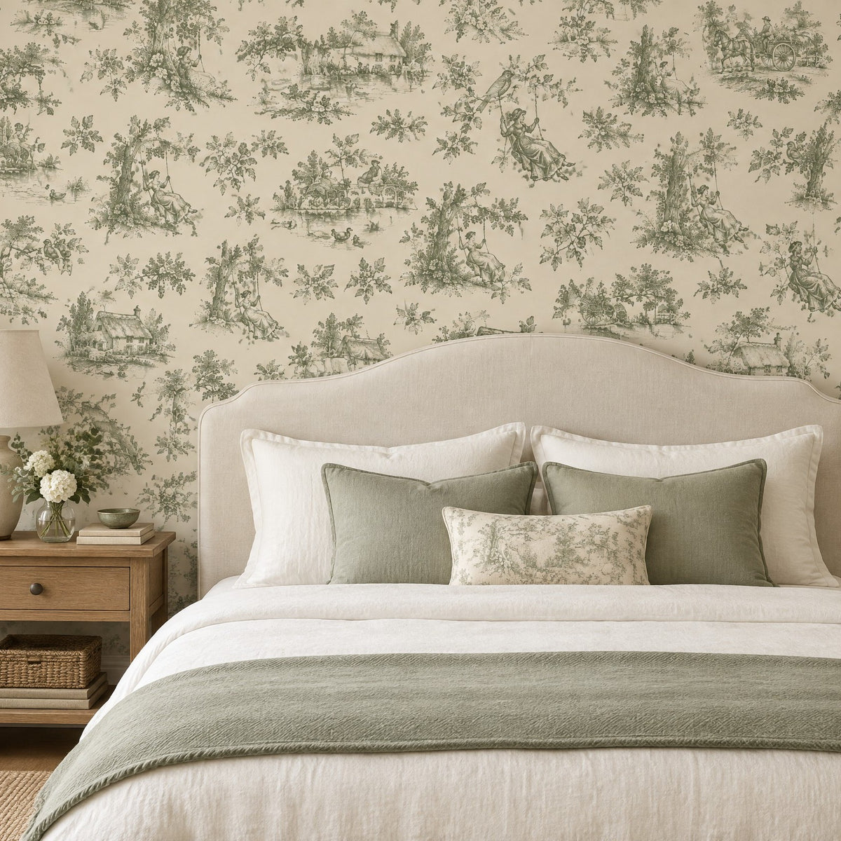Papier peint toile de Jouy vert sauge sur fond crème dans une chambre en lin
