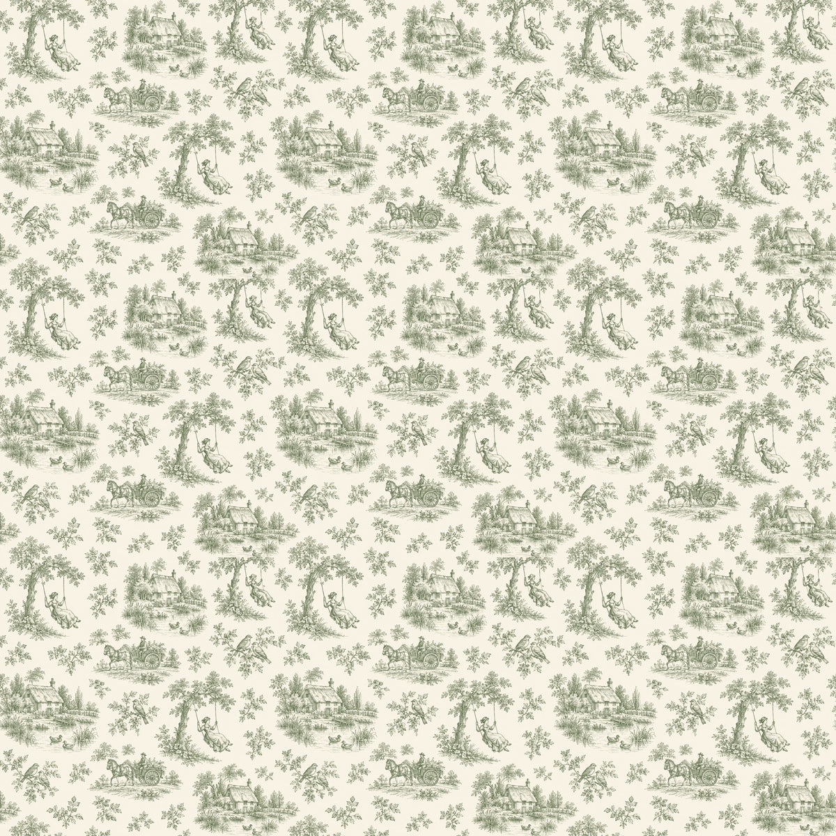 Toile de Jouy champêtre, papier peint à plat