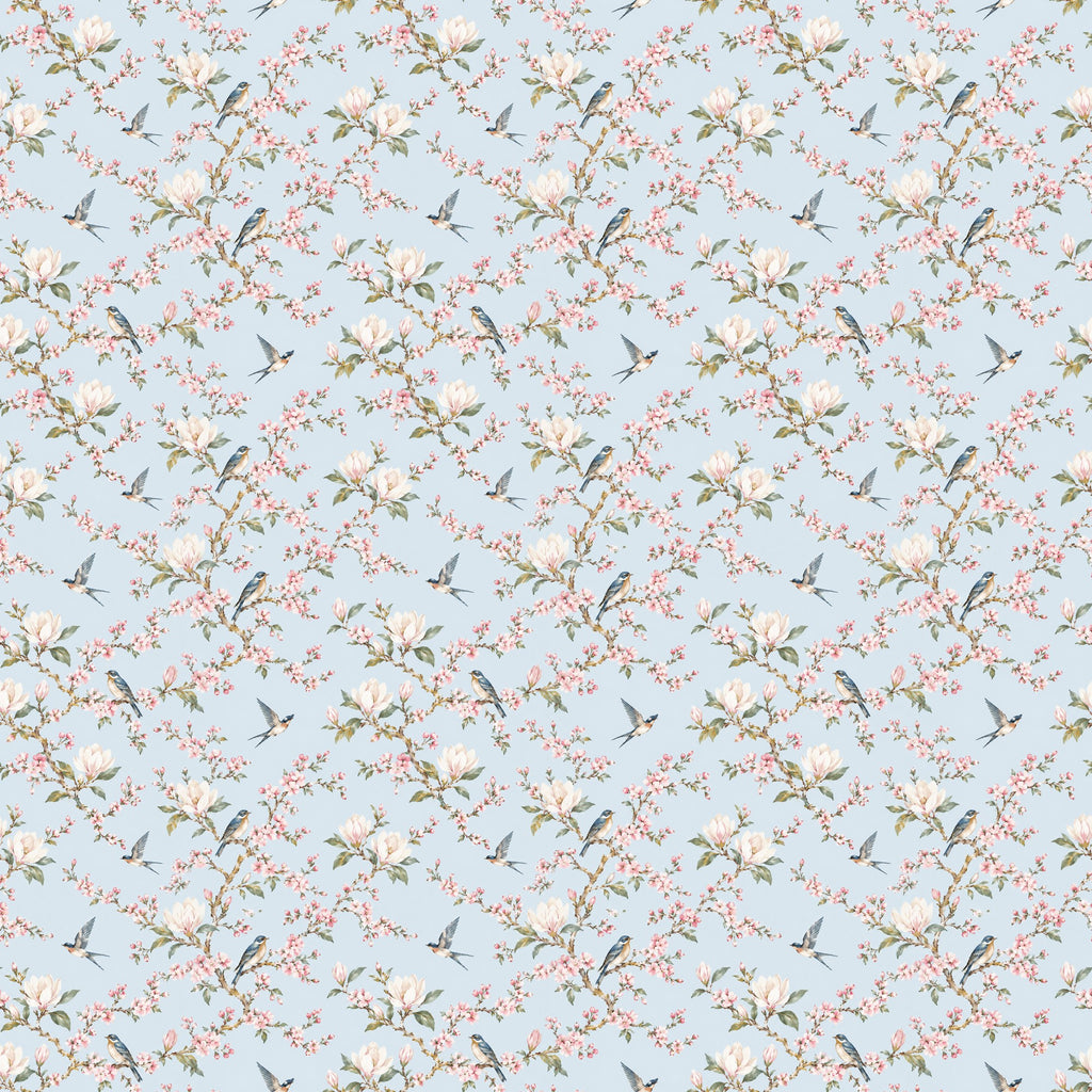 Magnolias et oiseaux bleus, papier peint à plat