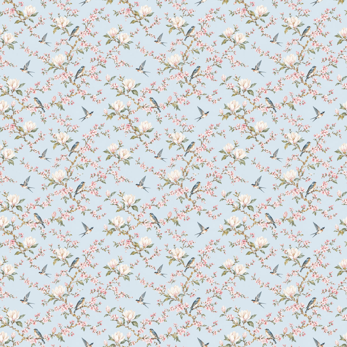 Magnolias et oiseaux bleus, papier peint à plat