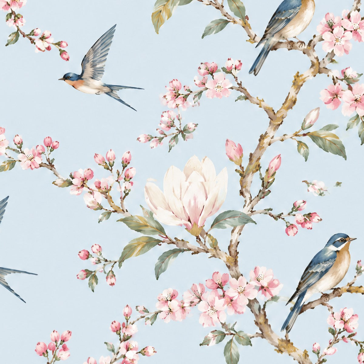 Magnolias et oiseaux bleus, papier peint en gros plan