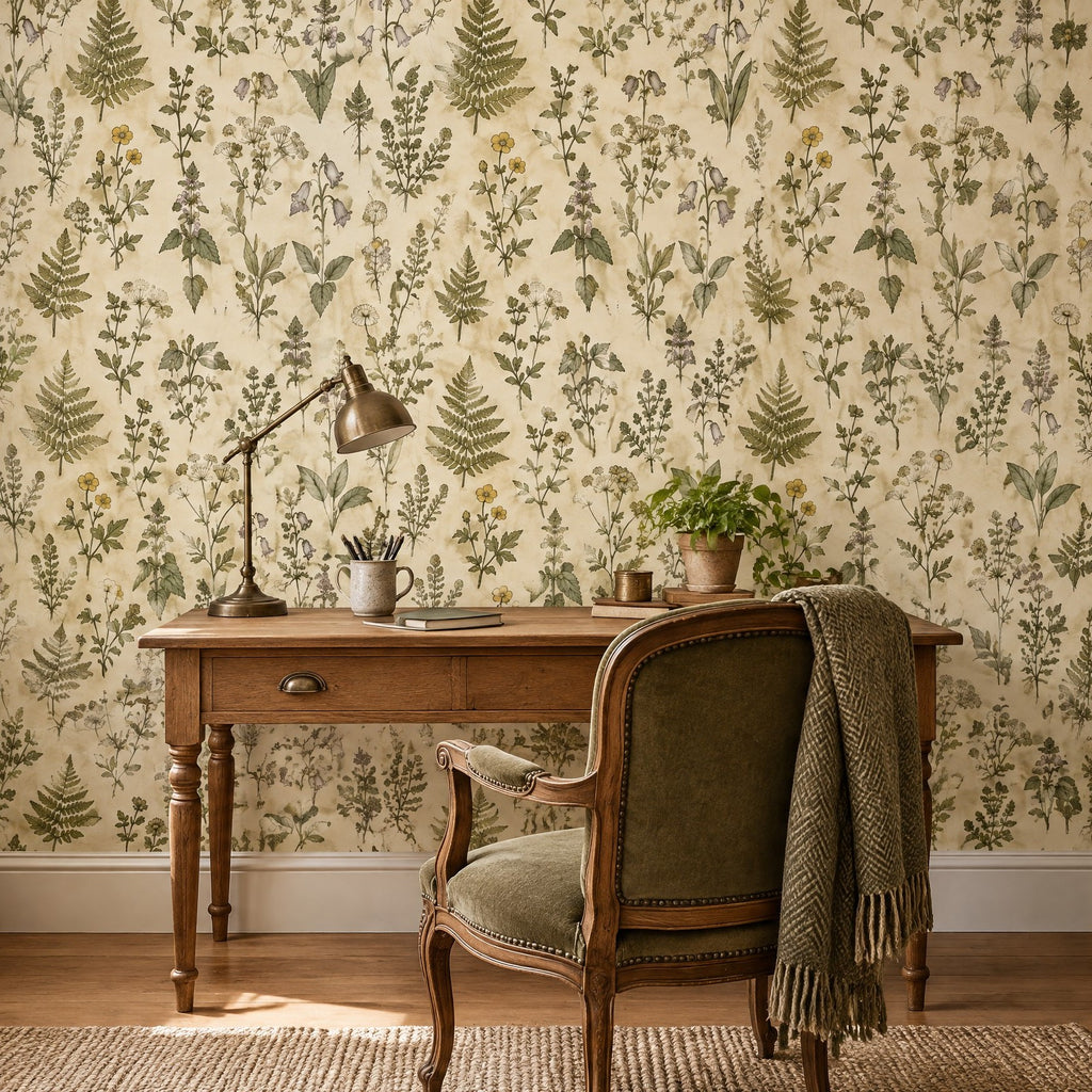 Papier peint à motif d'herbier, fougères et fleurs sauvages vertes sur fond crème, bureau en bois