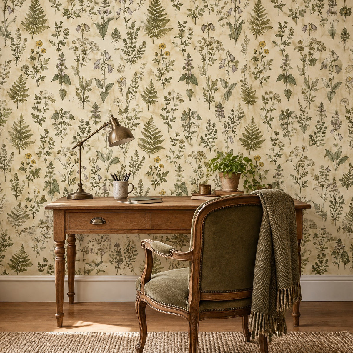 Papier peint à motif d'herbier, fougères et fleurs sauvages vertes sur fond crème, bureau en bois
