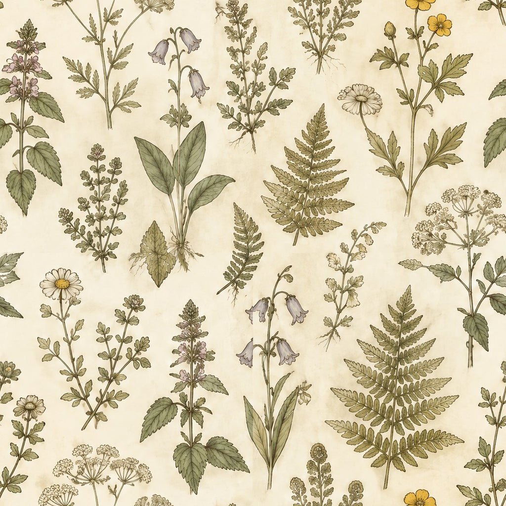 Herbier de fougères et fleurs sauvages, papier peint en gros plan