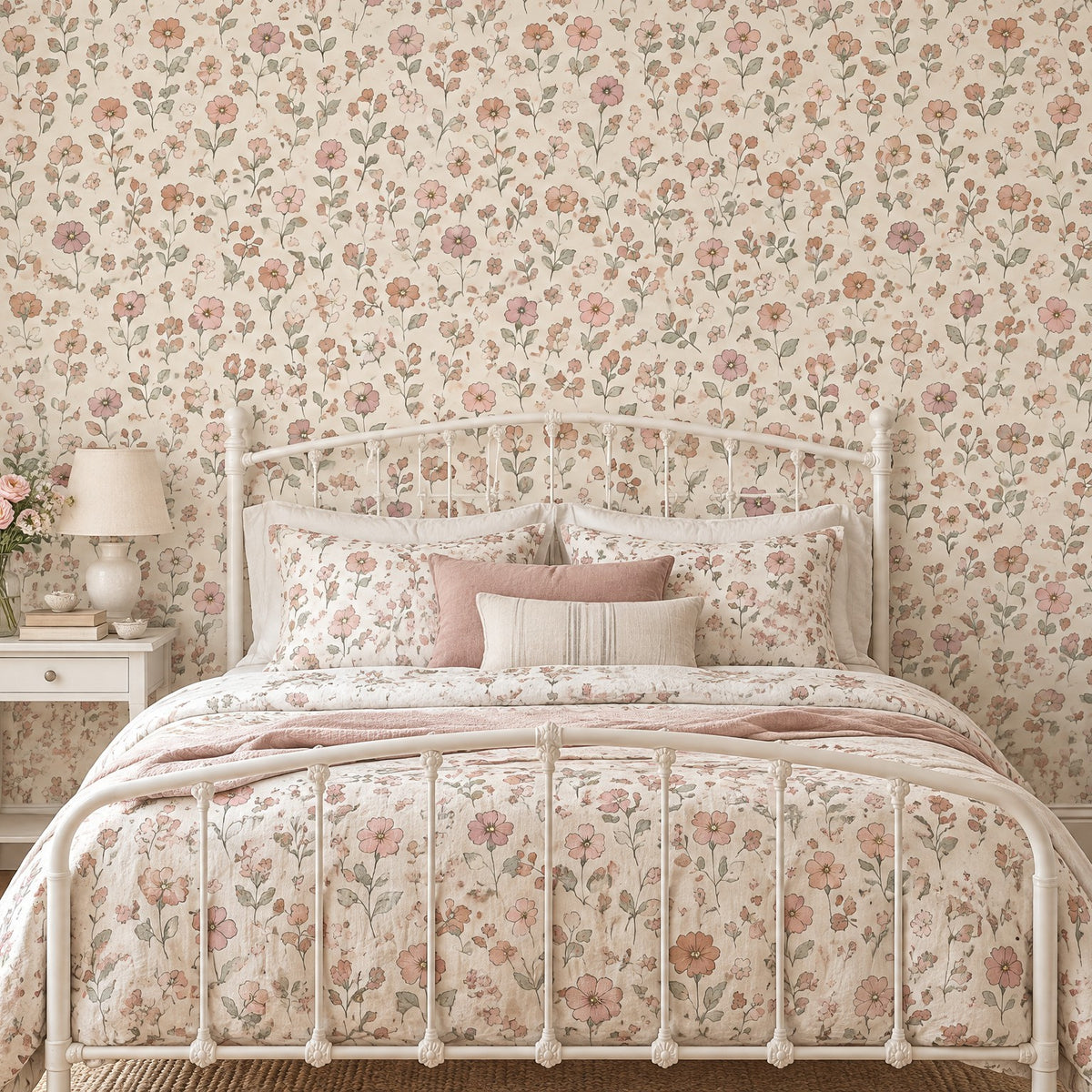 Papier peint fleuri rose et beige derrière un lit en métal blanc
