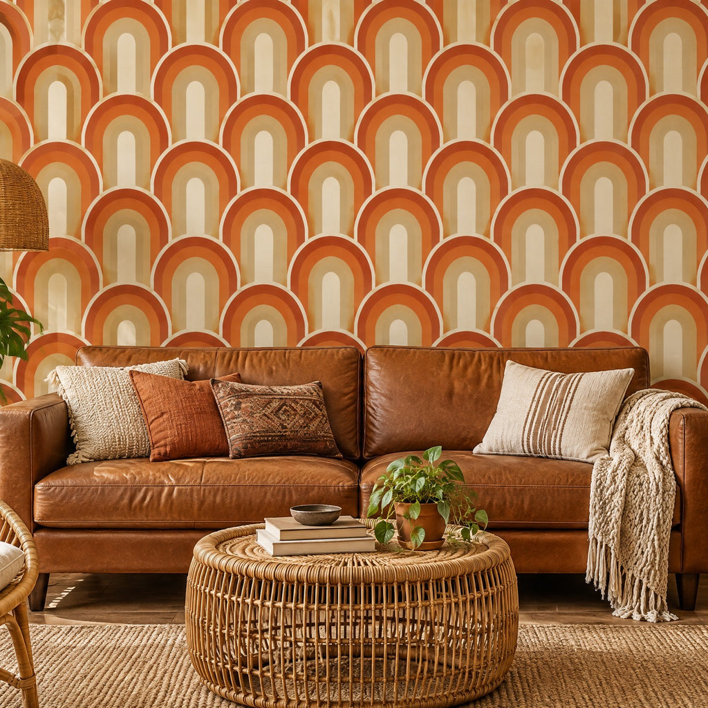 Papier peint à arches rétro terracotta et beige derrière un canapé en cuir cognac