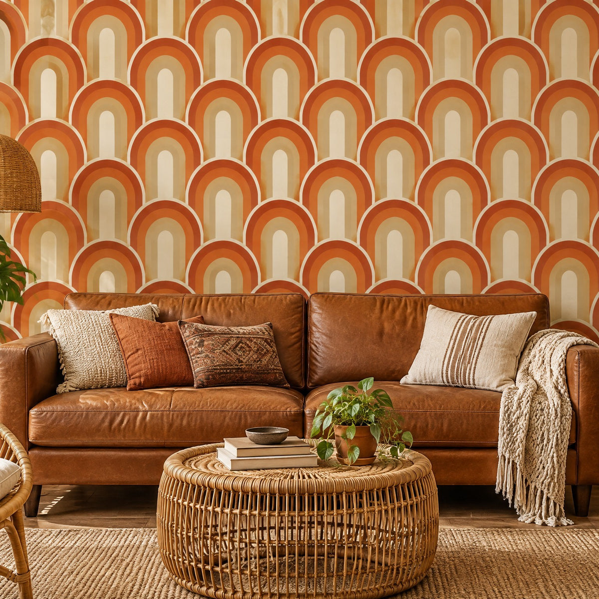 Papier peint à arches rétro terracotta et beige derrière un canapé en cuir cognac