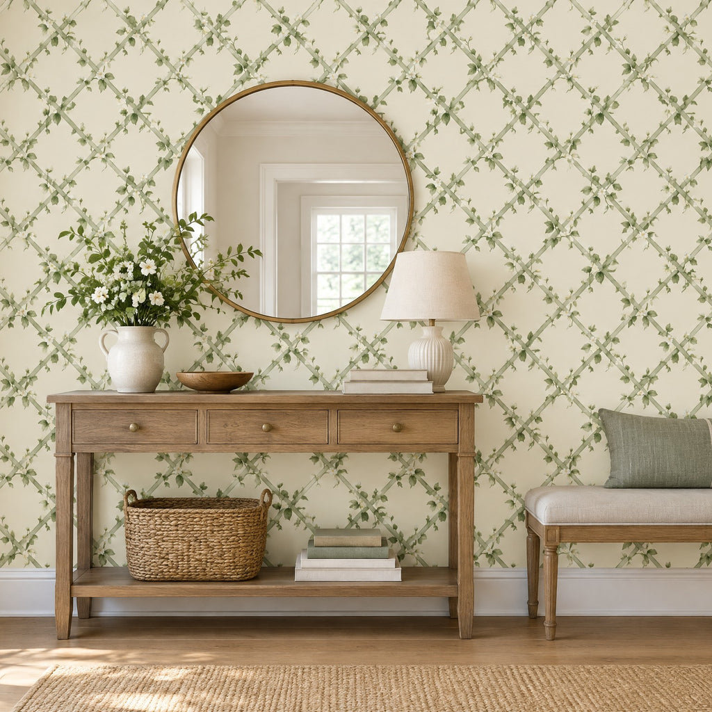 Mur d'entrée en papier peint treillage vert sauge fleuri, console en bois et miroir rond