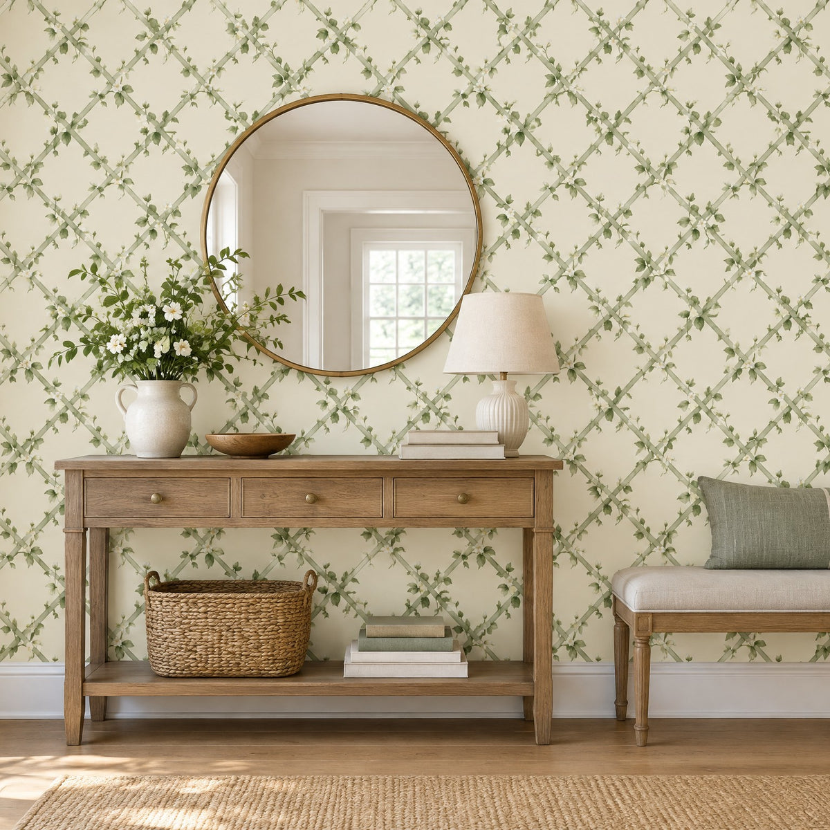 Mur d'entrée en papier peint treillage vert sauge fleuri, console en bois et miroir rond