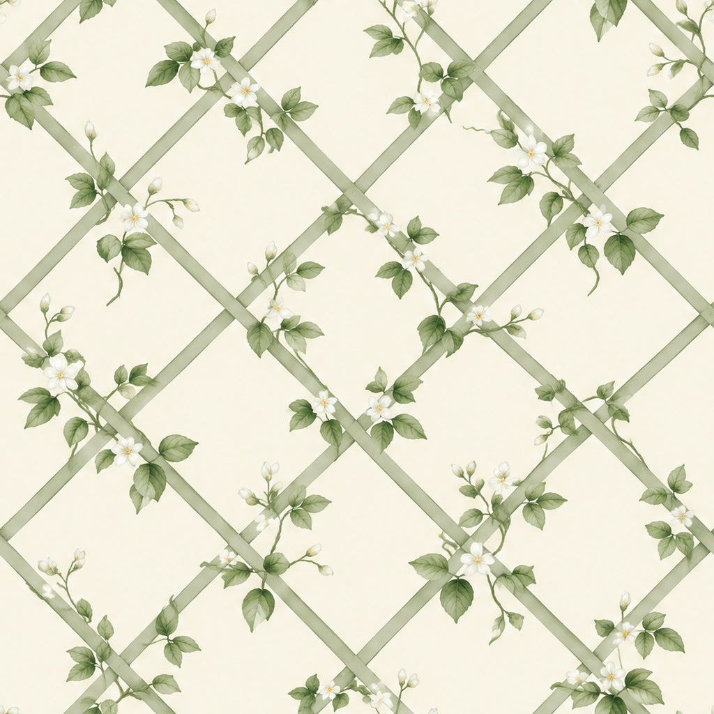 Treillage fleuri vert sauge, papier peint en gros plan