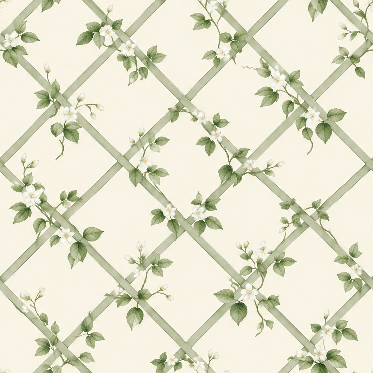 Treillage fleuri vert sauge, papier peint en gros plan