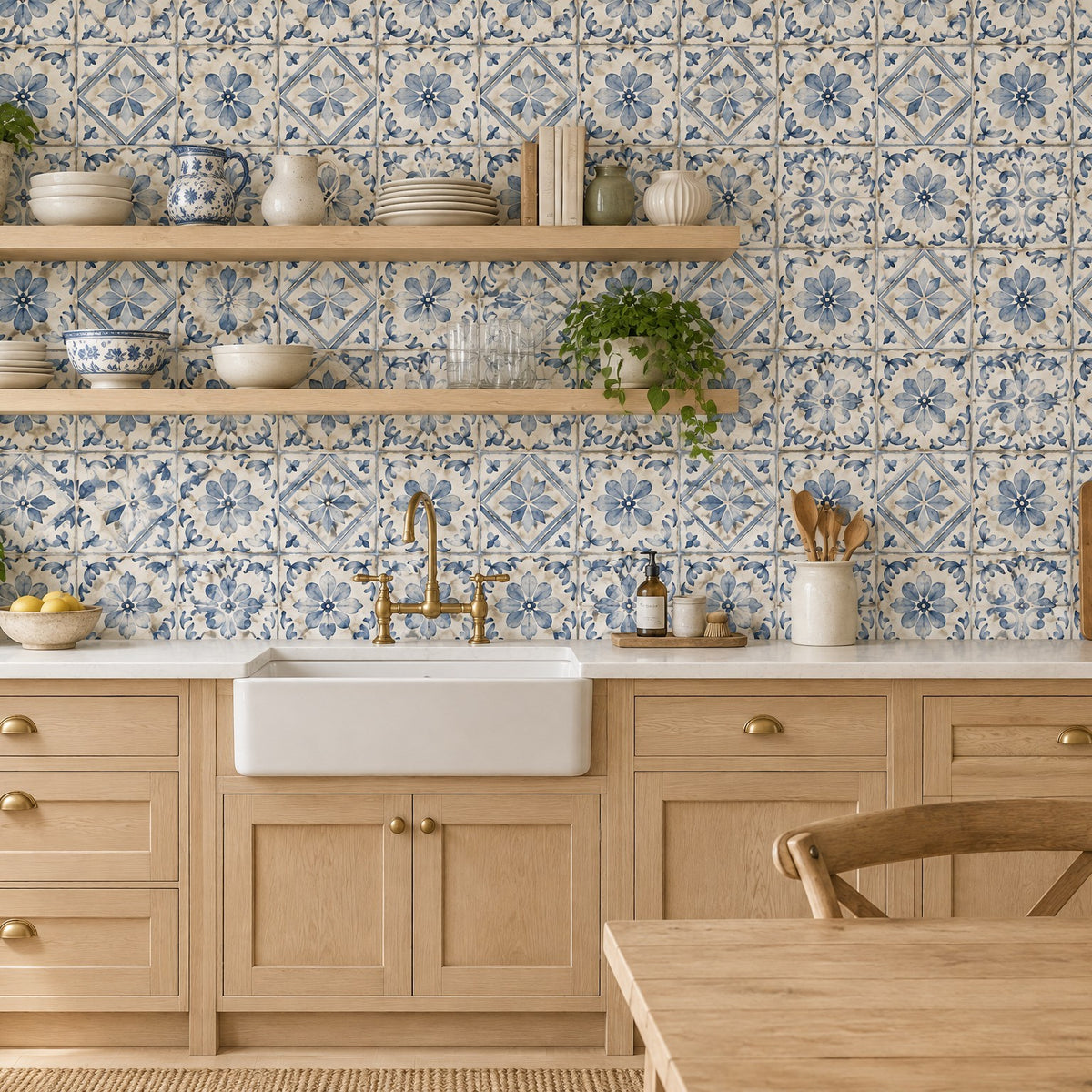 Papier peint motif carreaux azulejos bleus dans une cuisine en bois clair