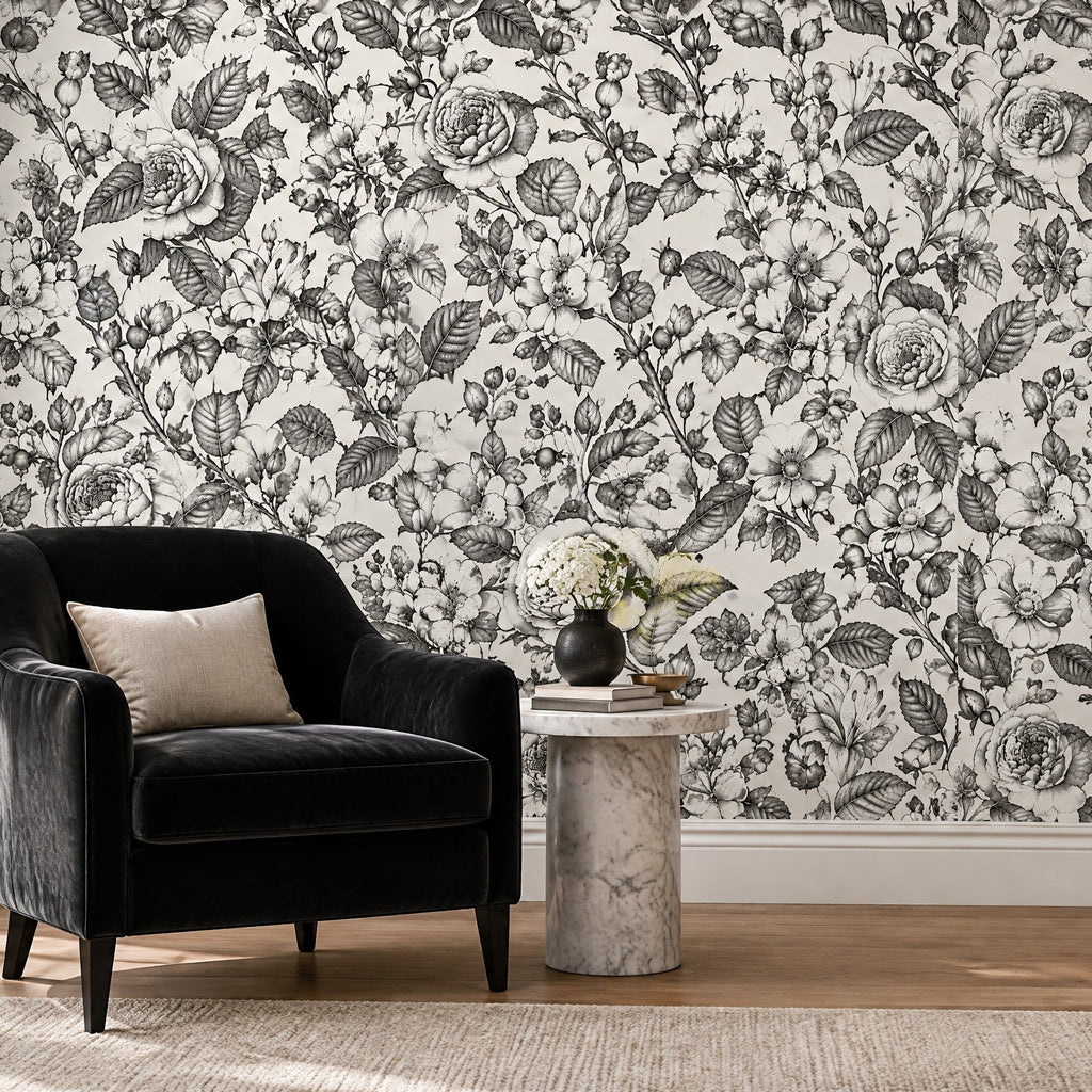 Mur de salon couvert d'un motif fleuri noir et blanc, fauteuil sombre et guéridon en marbre