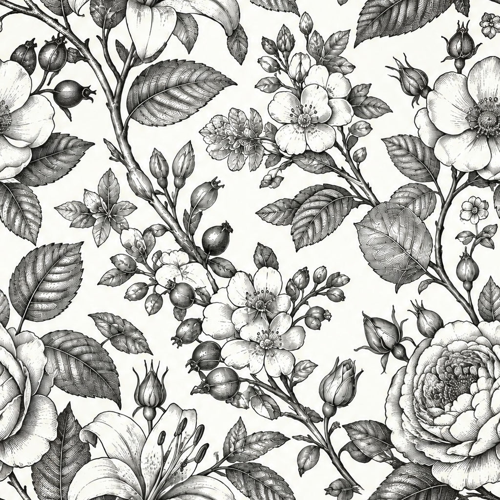 Roses gravées noir et blanc, papier peint en gros plan