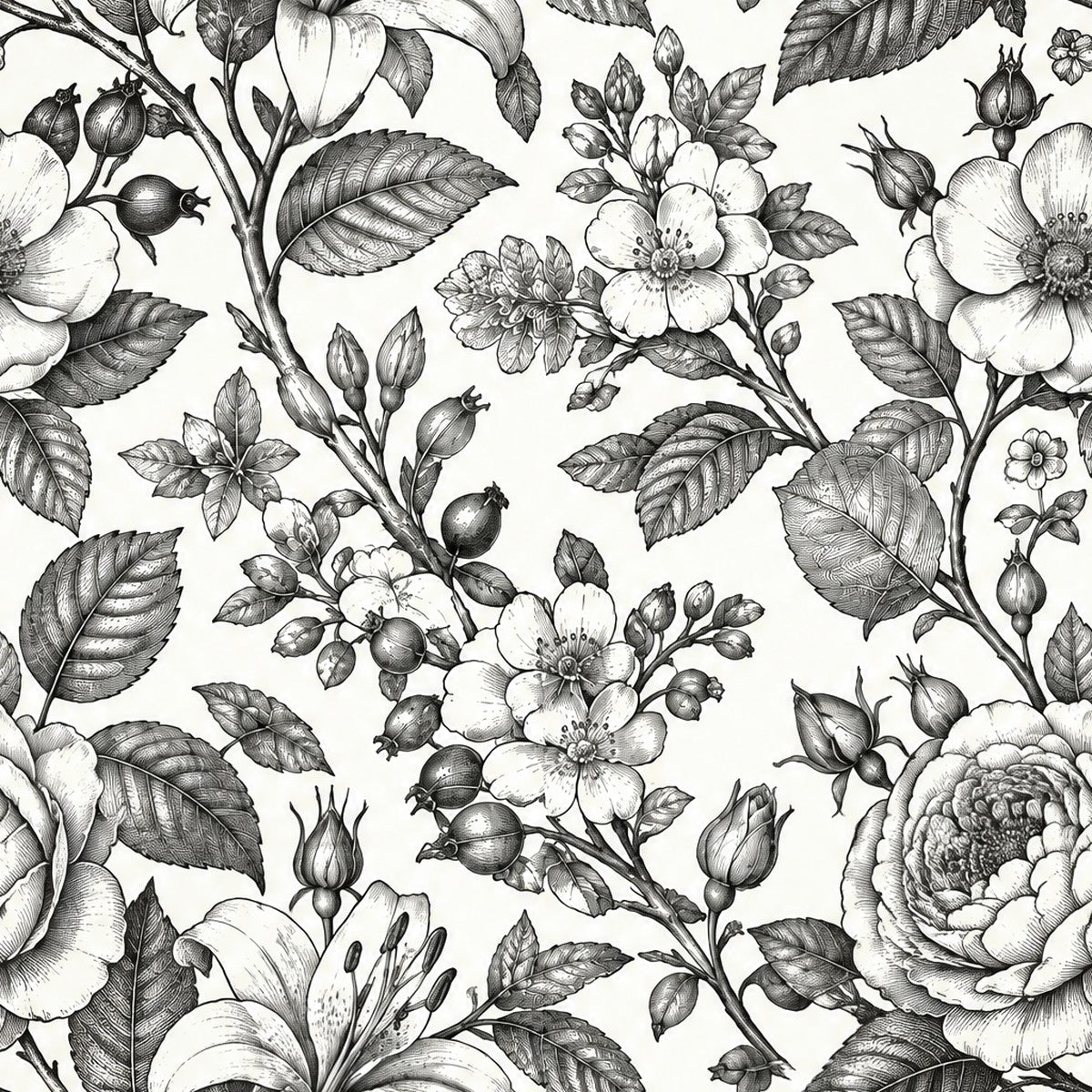 Roses gravées noir et blanc, papier peint en gros plan