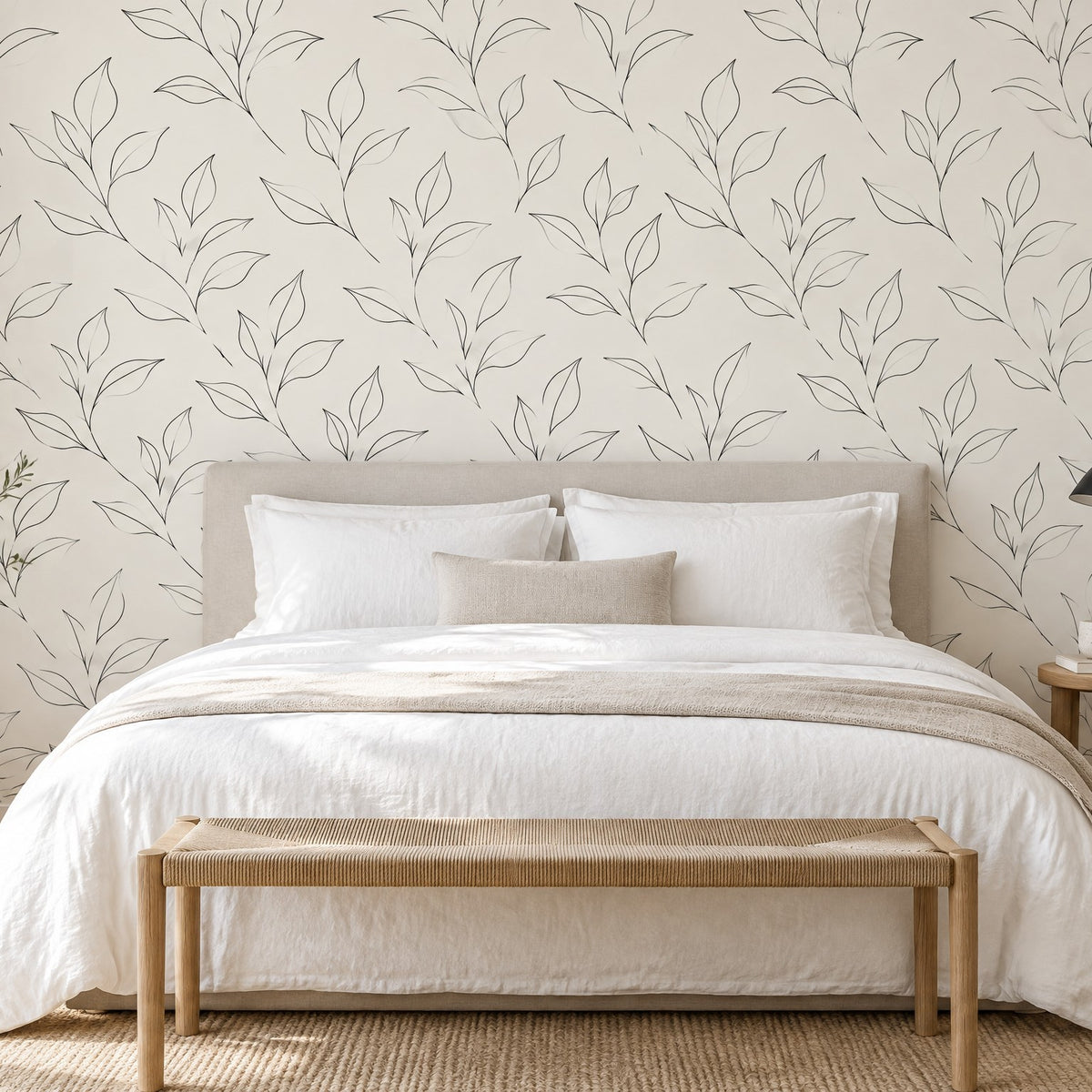 Chambre blanche avec mur orné de branches feuillues dessinées au trait noir