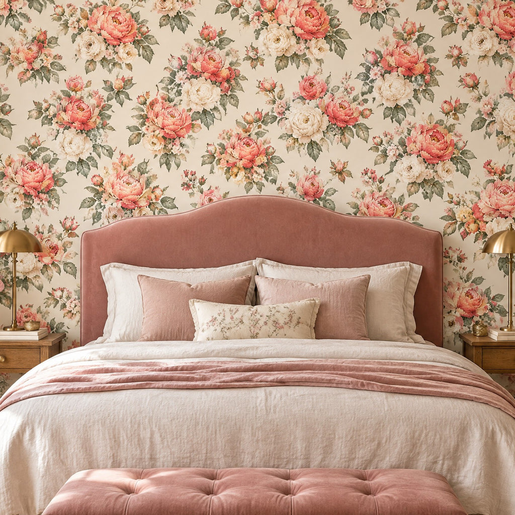 Chambre avec papier peint fleuri à bouquets de pivoines roses et crème