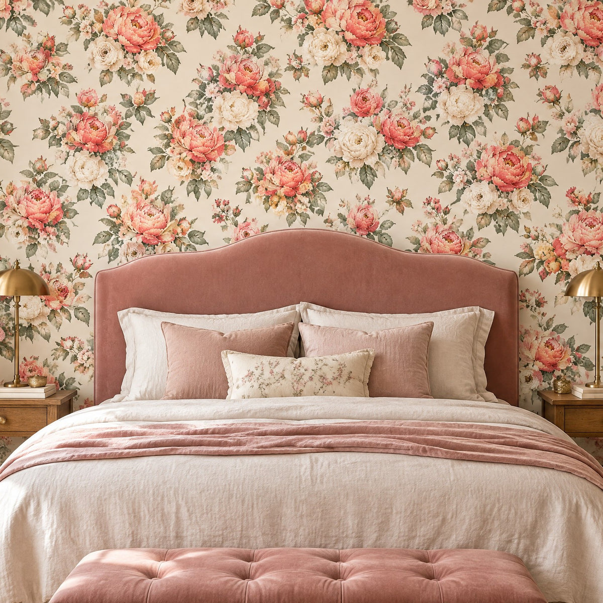 Chambre avec papier peint fleuri à bouquets de pivoines roses et crème