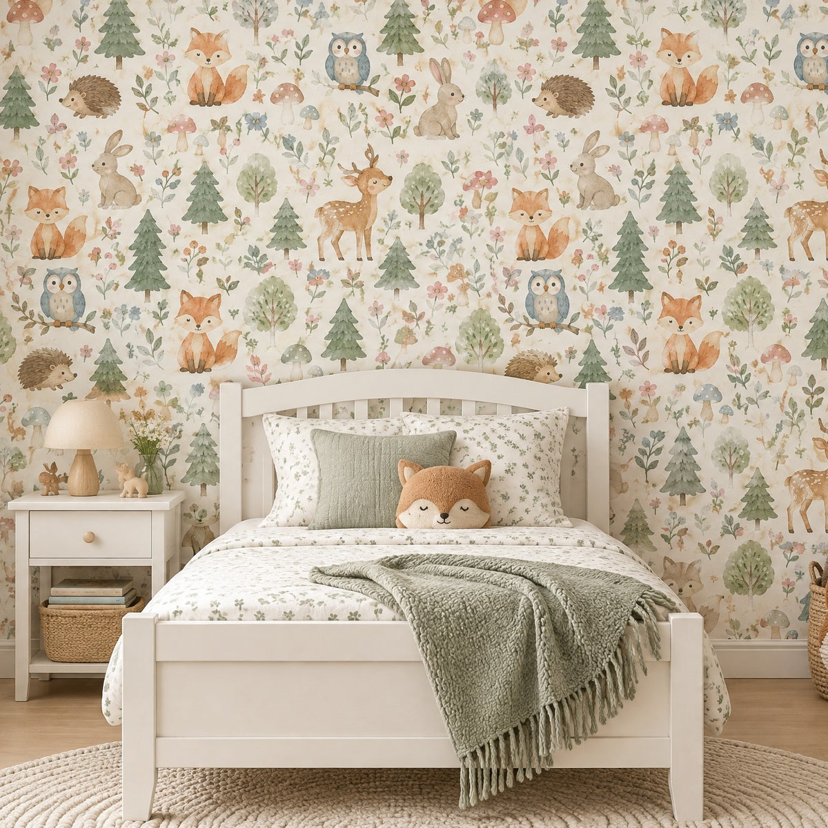 Chambre d'enfant avec papier peint motif animaux de la forêt aquarelle vert et beige