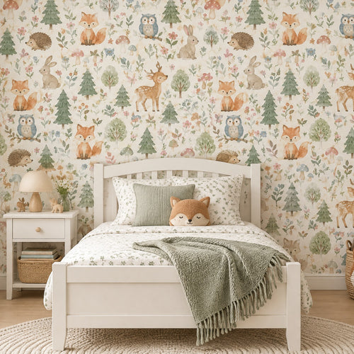 Chambre d'enfant avec papier peint motif animaux de la forêt aquarelle vert et beige