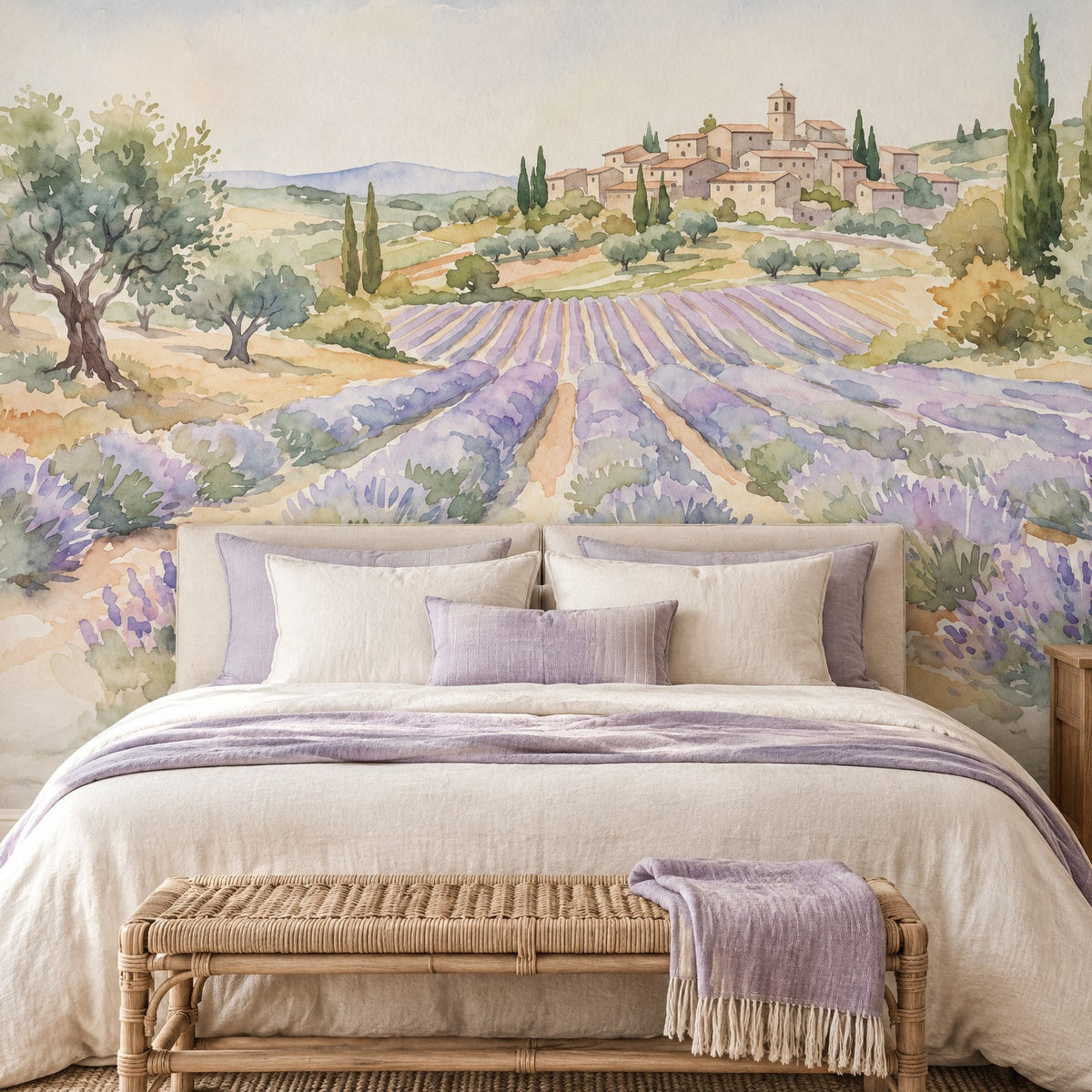 Chambre avec panoramique aquarelle d'un champ de lavande et village provençal