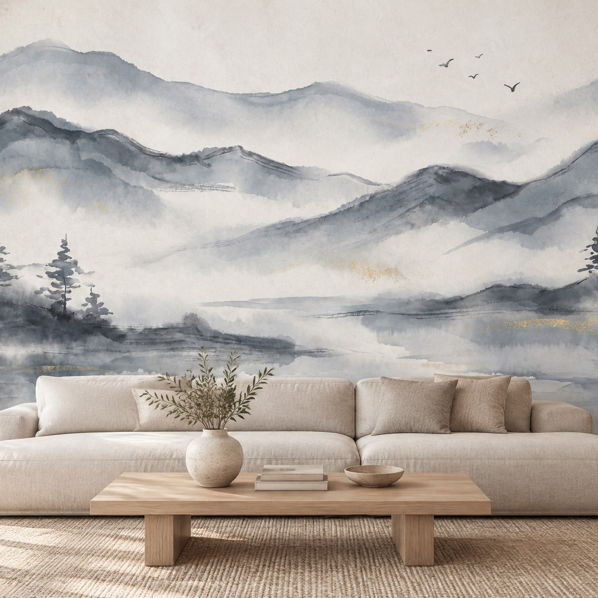 Salon clair avec papier peint panoramique de montagnes brumées à l'aquarelle gris bleu