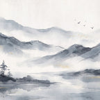 Montagnes brumées à l'encre, papier peint à plat
