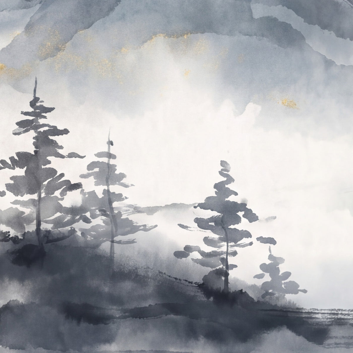Montagnes brumées à l'encre, papier peint en gros plan