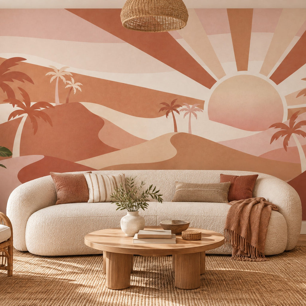 Panoramique de dunes et palmiers terracotta avec grand soleil levant dans un salon