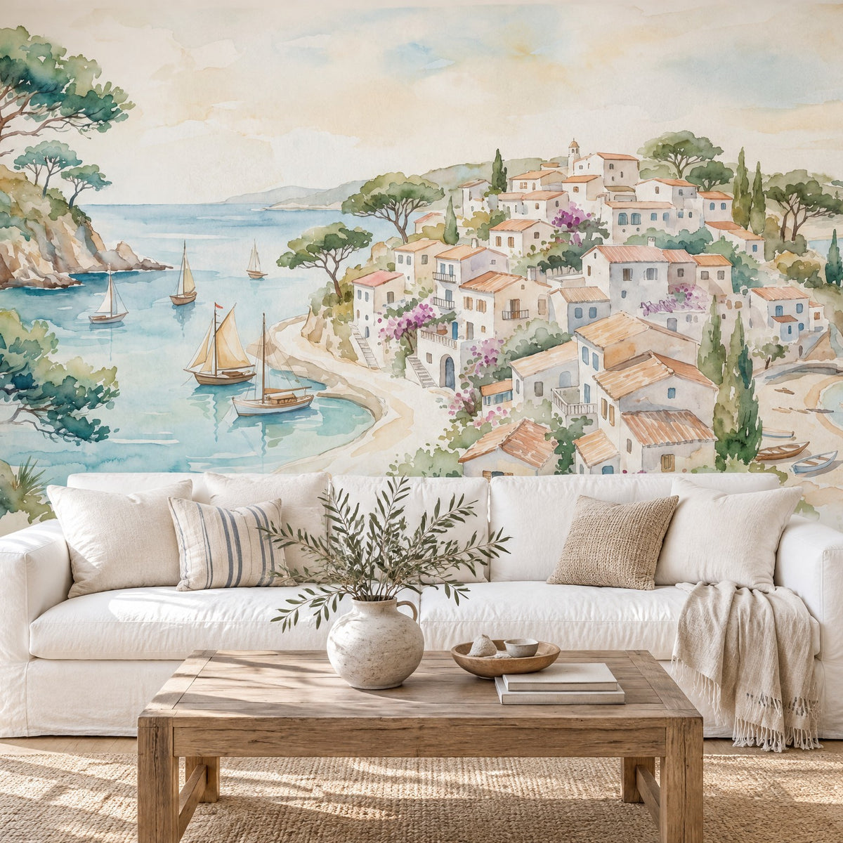 Fresque aquarelle d'un village méditerranéen au bord d'une crique avec voiliers