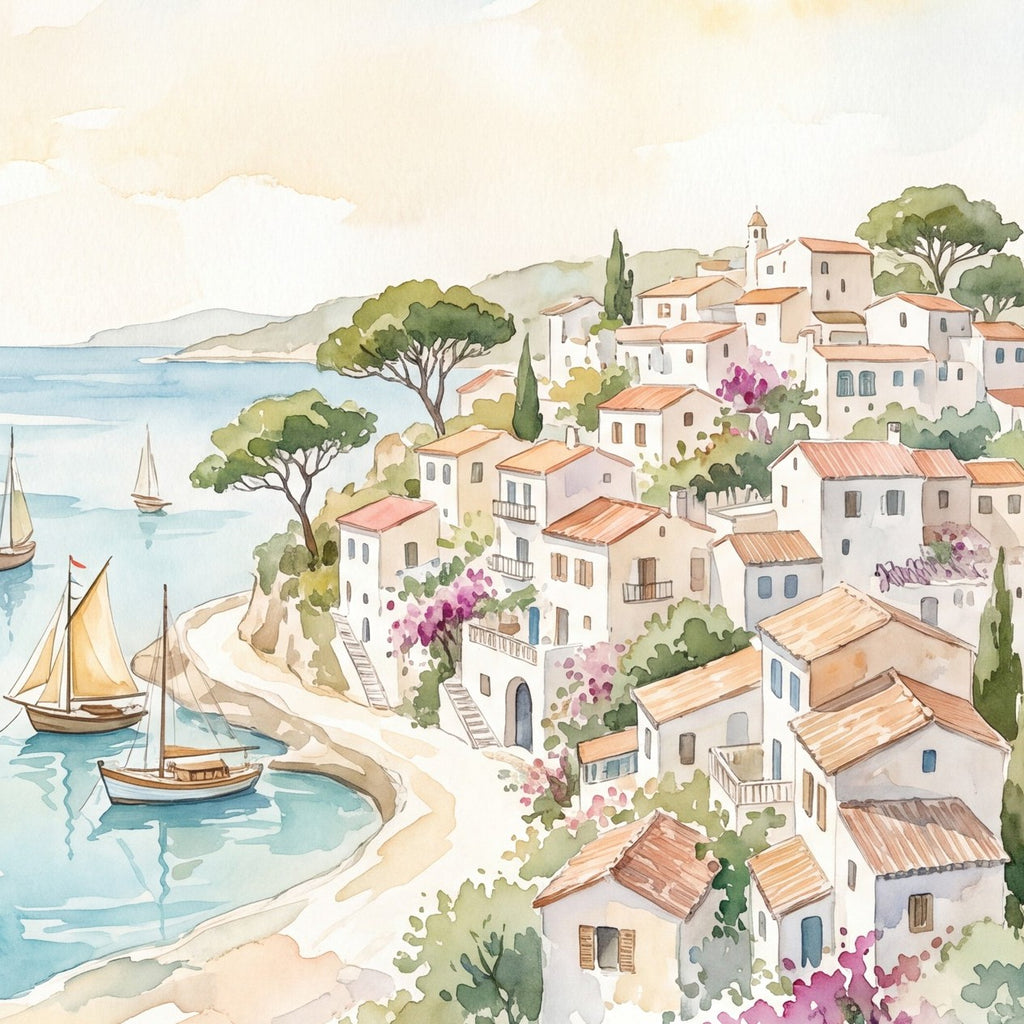 Village méditerranéen en aquarelle, papier peint à plat