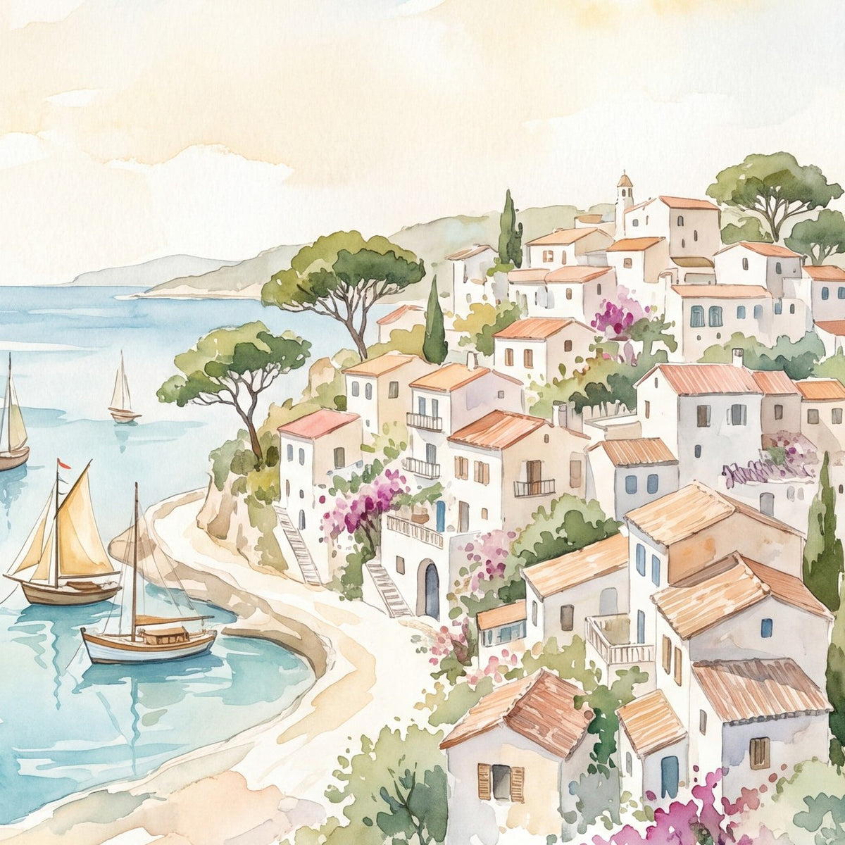 Village méditerranéen en aquarelle, papier peint à plat