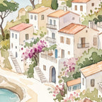 Village méditerranéen en aquarelle, papier peint en gros plan