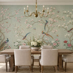 Décor mural chinoiserie vert sauge avec magnolias, pivoines, paon et faisans colorés
