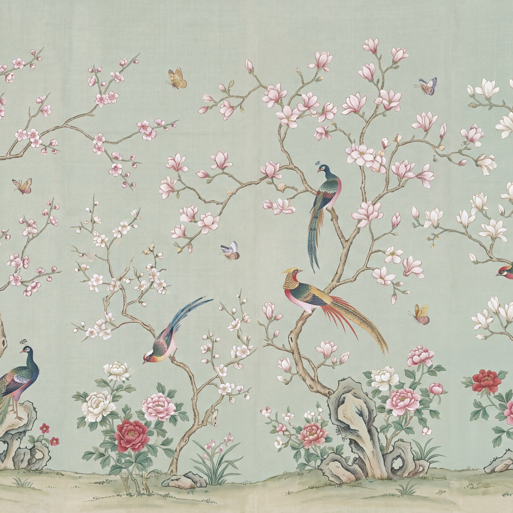 Chinoiserie aux oiseaux de paradis, papier peint à plat