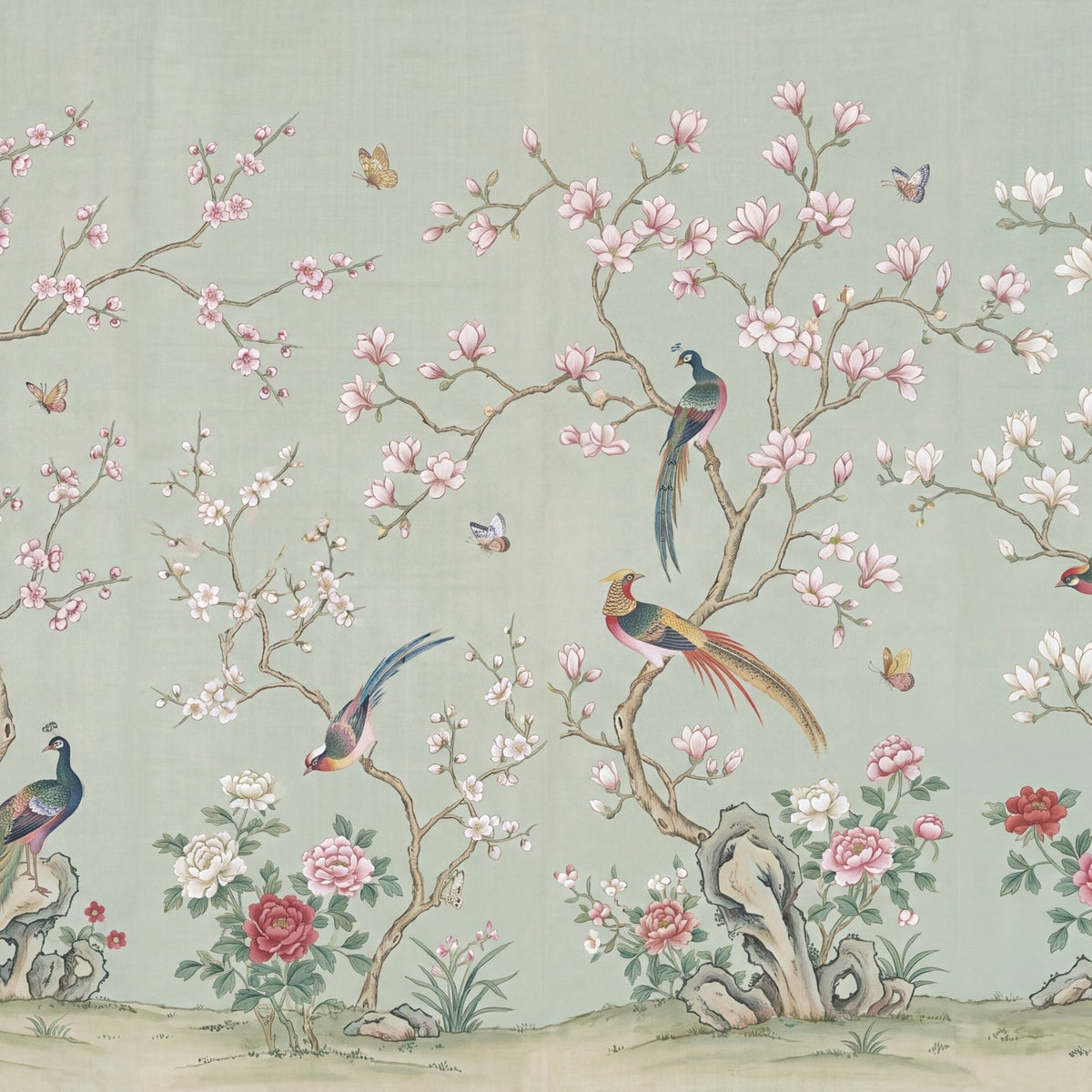 Chinoiserie aux oiseaux de paradis, papier peint à plat