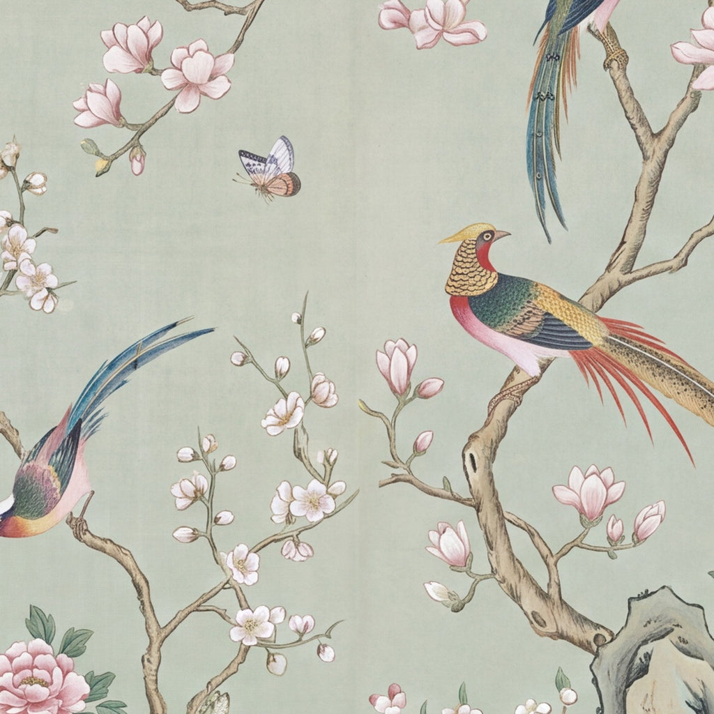 Chinoiserie aux oiseaux de paradis, papier peint en gros plan