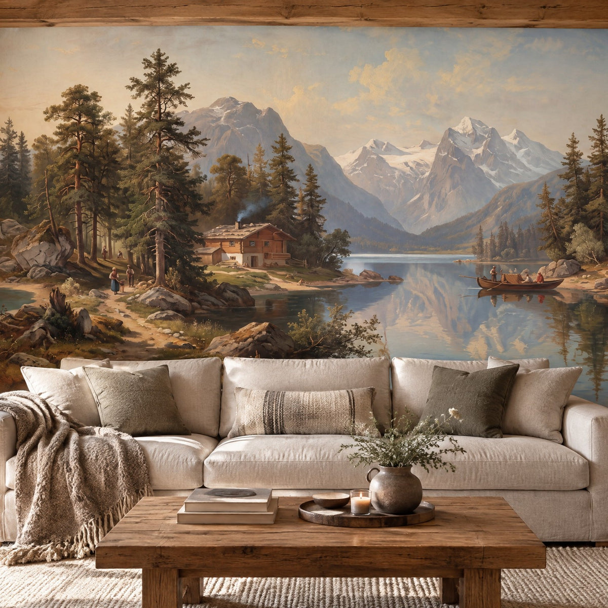 Panoramique peinture ancienne d'un lac de montagne avec chalet, sapins et barque