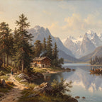 Lac alpin au chalet, papier peint à plat