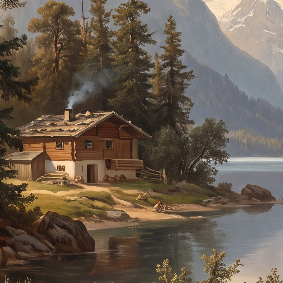 Lac alpin au chalet, papier peint en gros plan